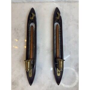 Vintage Draper Tru-Mold Wood Industrial Weaving Shuttle Candle Sconce Set